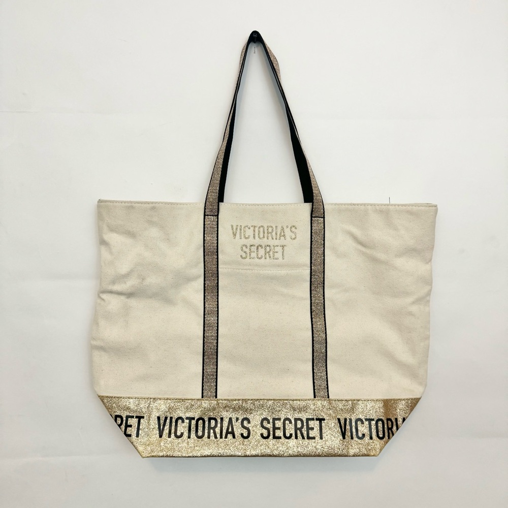 Victoria's Secret Blingy Tote Bag Beige Gold Glitter Black Straps Logo Canvas